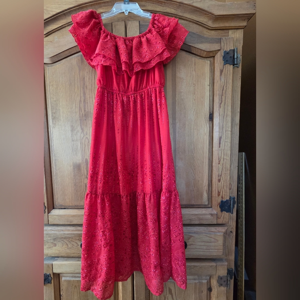 Sofia Vergara Dress Off Shoulder Red Kendall Eyelet Maxi Smocked Strapless Lined
